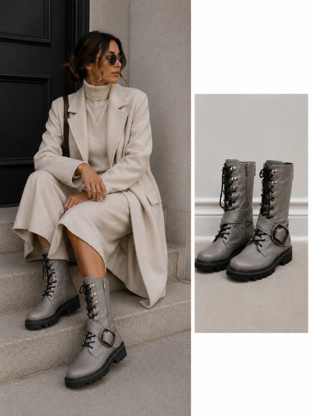 ILVI Women's Gray Leather Combat Mid Calf Boots Buckle Lace Up Lug Sole EU 39/ 8